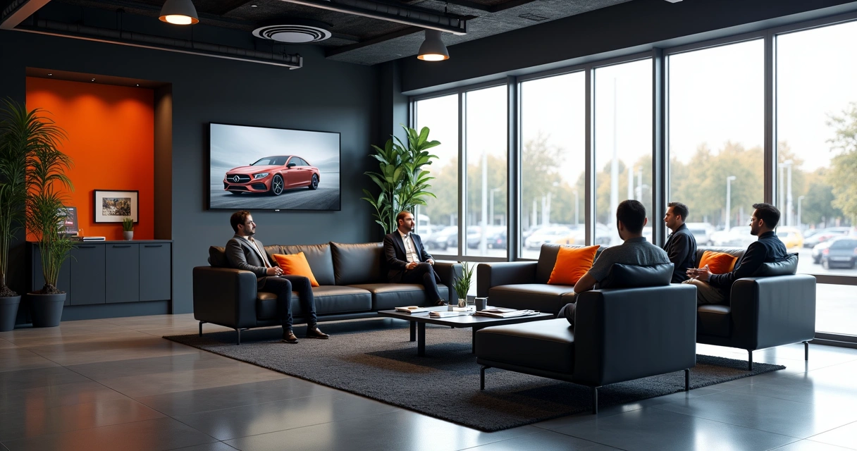 Sala de espera moderna em centro automotivo com clientes aguardando revisão.