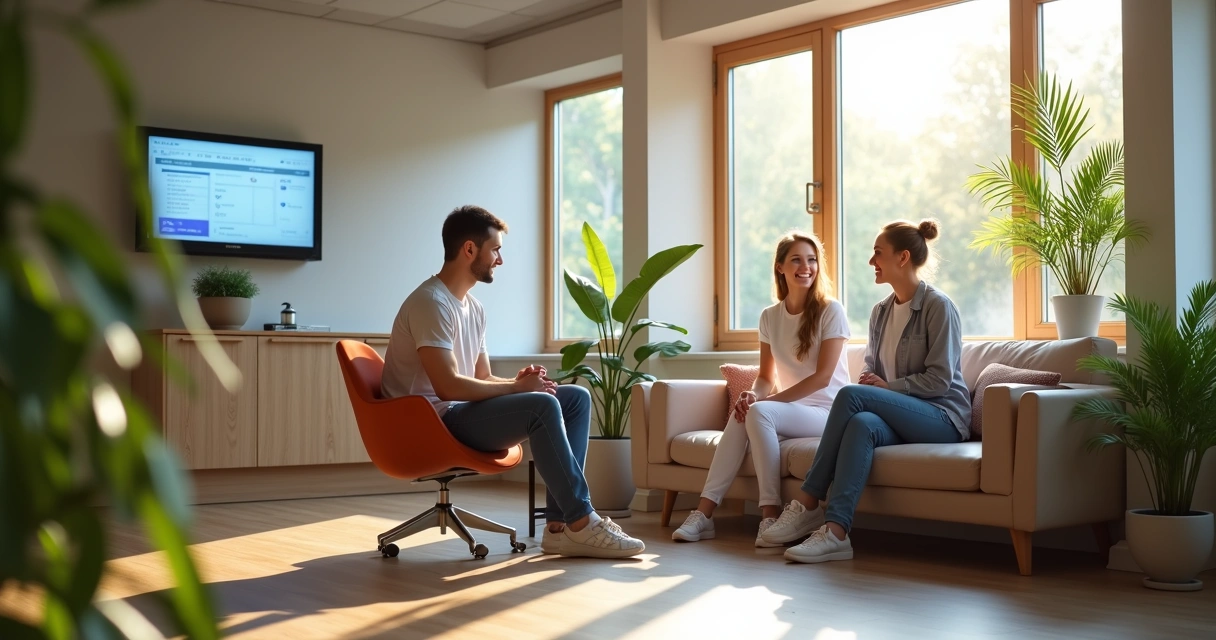 Sala de espera de clínica moderna com sofá e plantas 