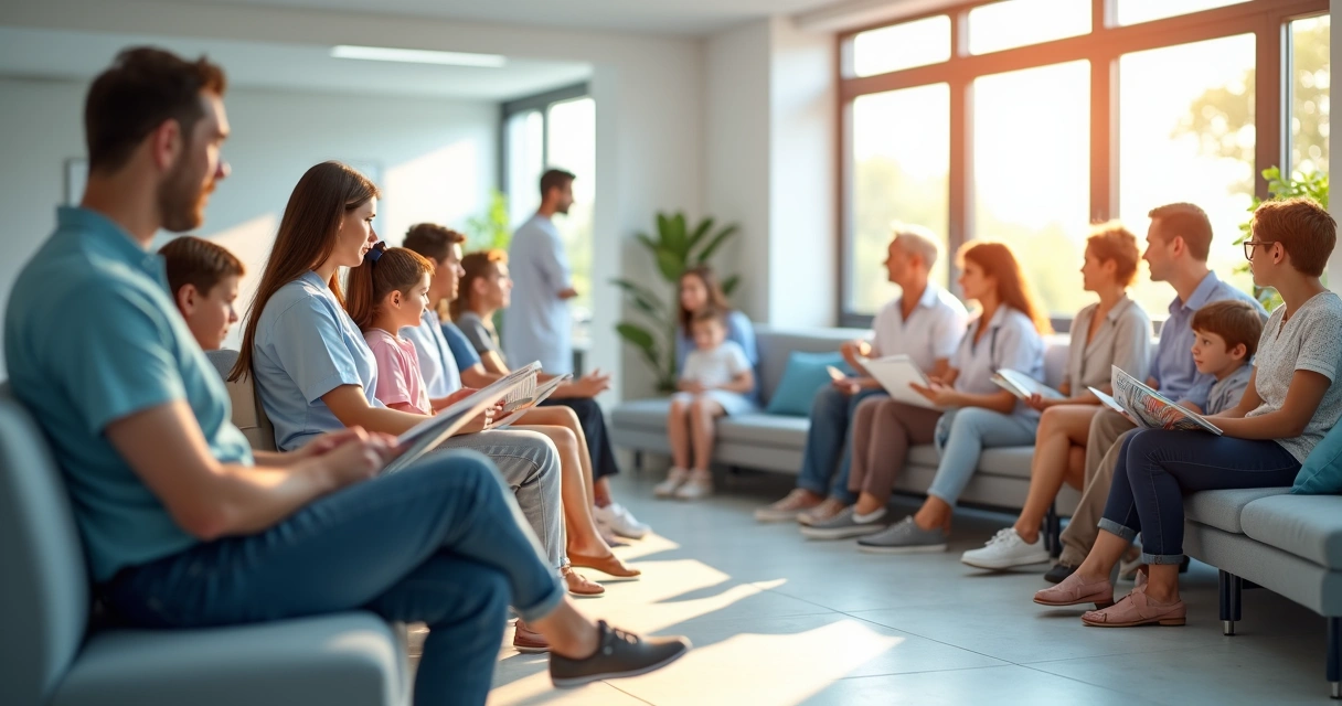 Sala de espera de clínica cheia e agitada 