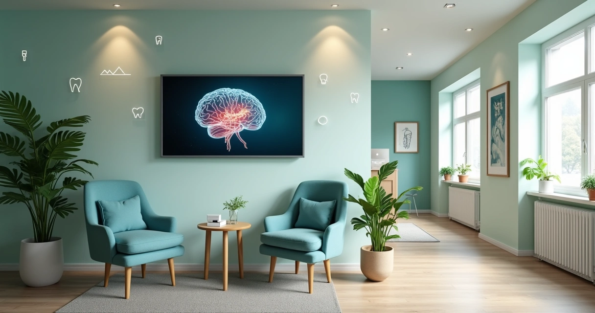 Sala de espera de clínica odontológica com decoração aconchegante e elementos de biomarketing 