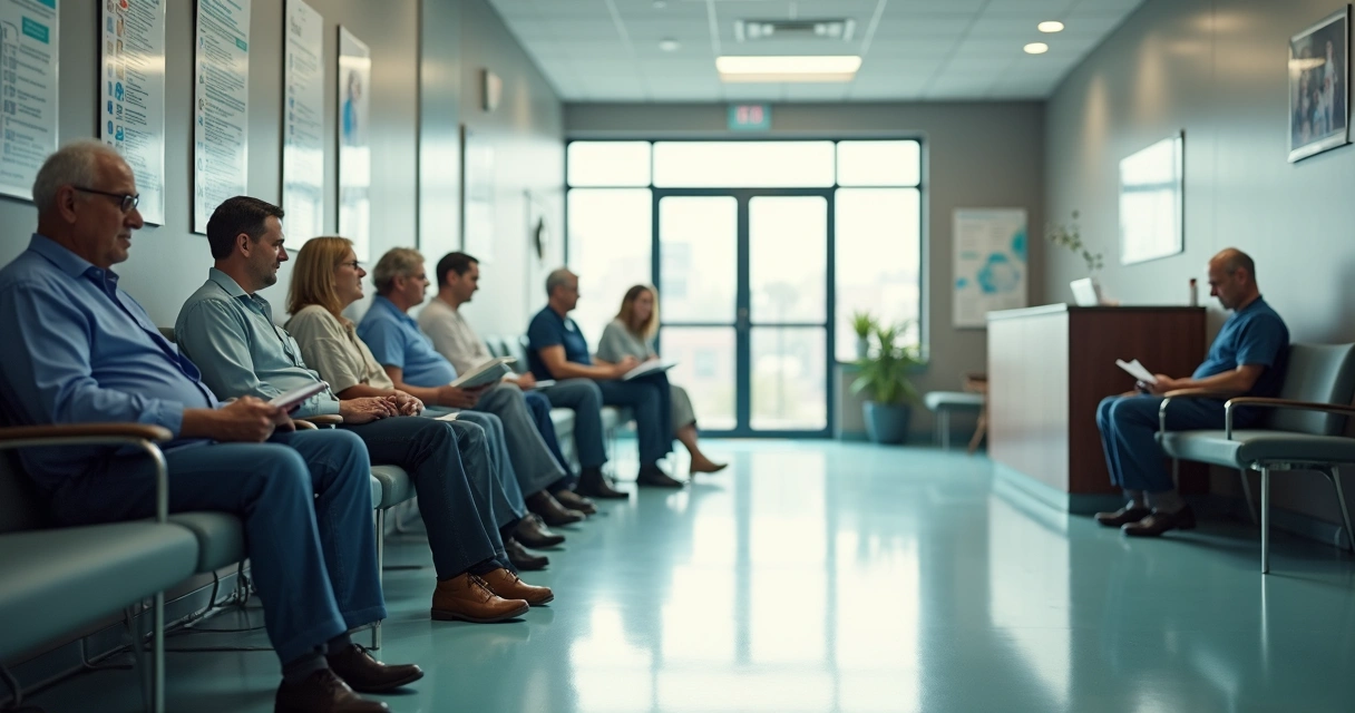 Fila de pacientes sentados em sala de espera de clínica médica 