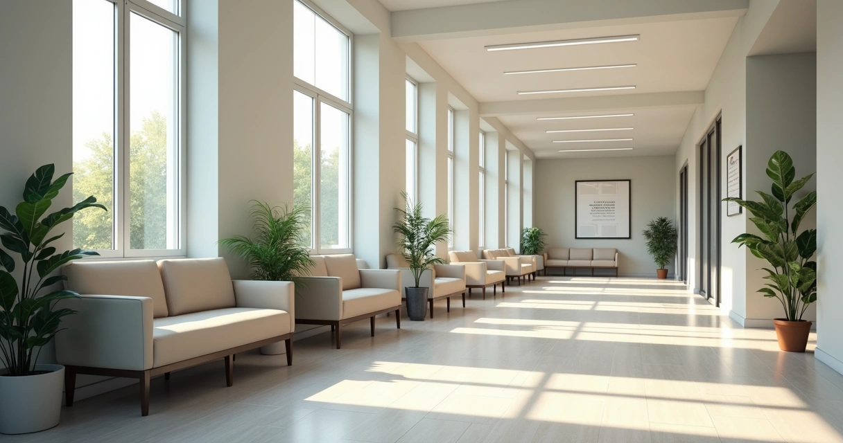 Sala de espera de clínica médica bem iluminada 