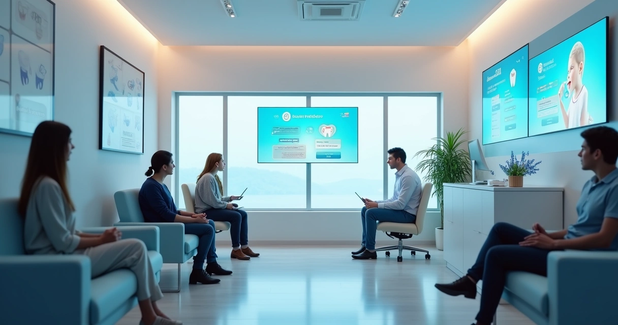 Sala de espera clínica odontológica exibe tela com lembretes automáticos de consultas 