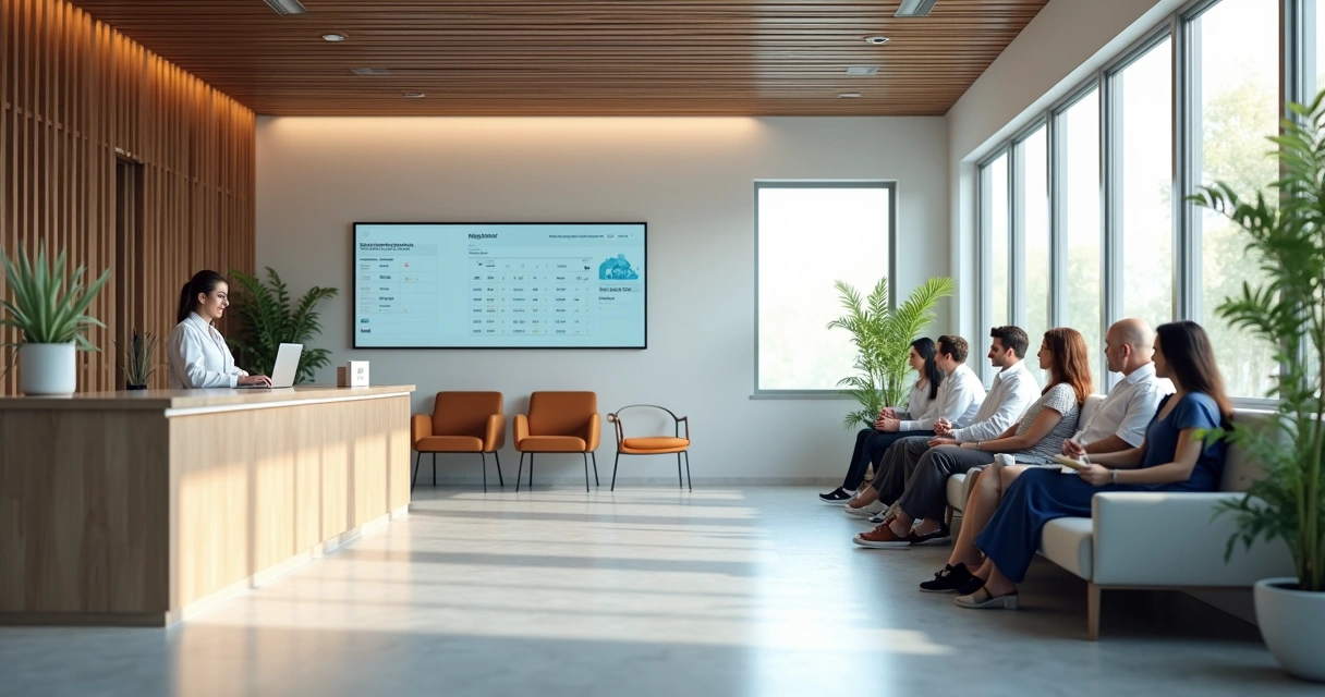 Sala de espera em clínica odontológica moderna com recepcionista e painel de agendamentos 