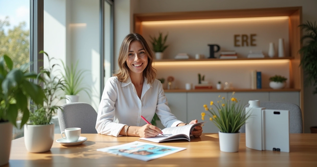 Recepção de clínica odontológica moderna, cadeiras confortáveis e plantas 