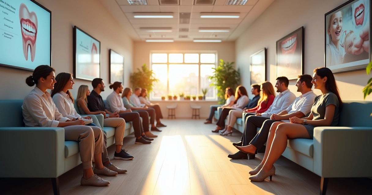 Sala de espera de clínica odontológica com pacientes satisfeitos aguardando atendimento 