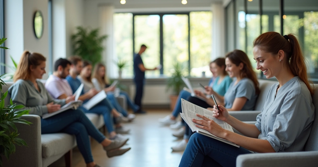 Pacientes satisfeitos aguardam em sala de espera de clínica
