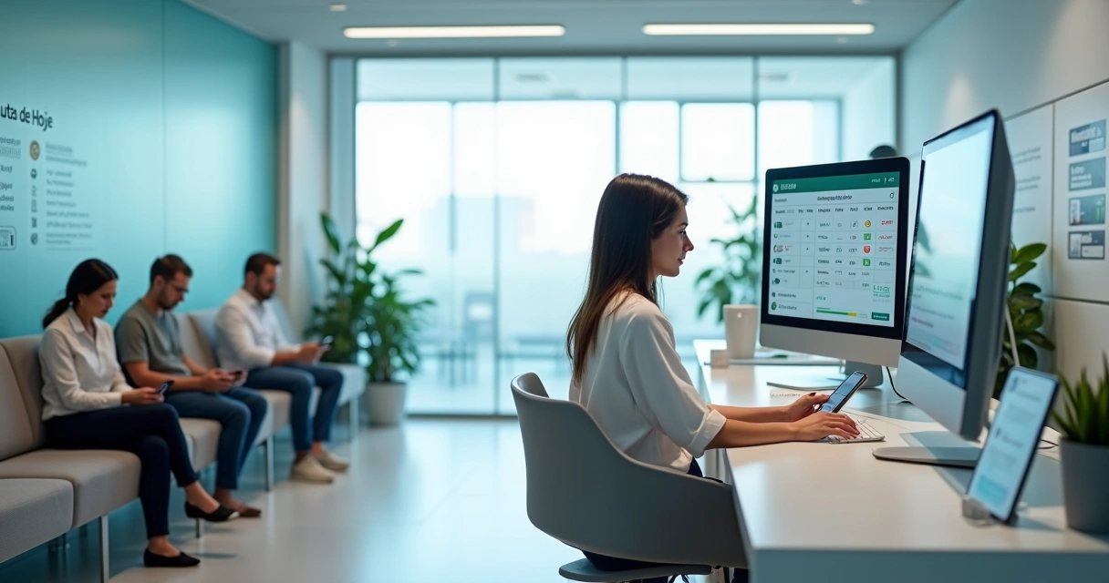 Recepção de clínica com sala de espera cheia e painel digital organizado 