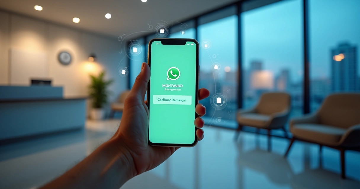 Sala de espera de clínica quase vazia com lembrete de consulta no celular em destaque 