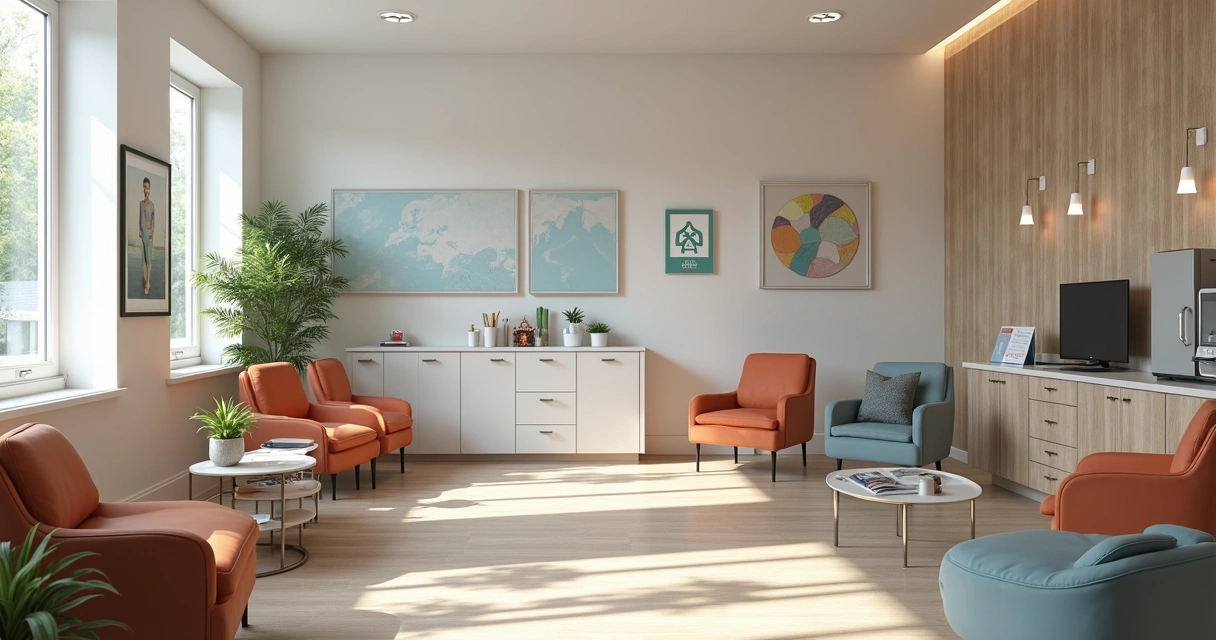 Sala de espera confortável com revistas, café e espaço kids; 