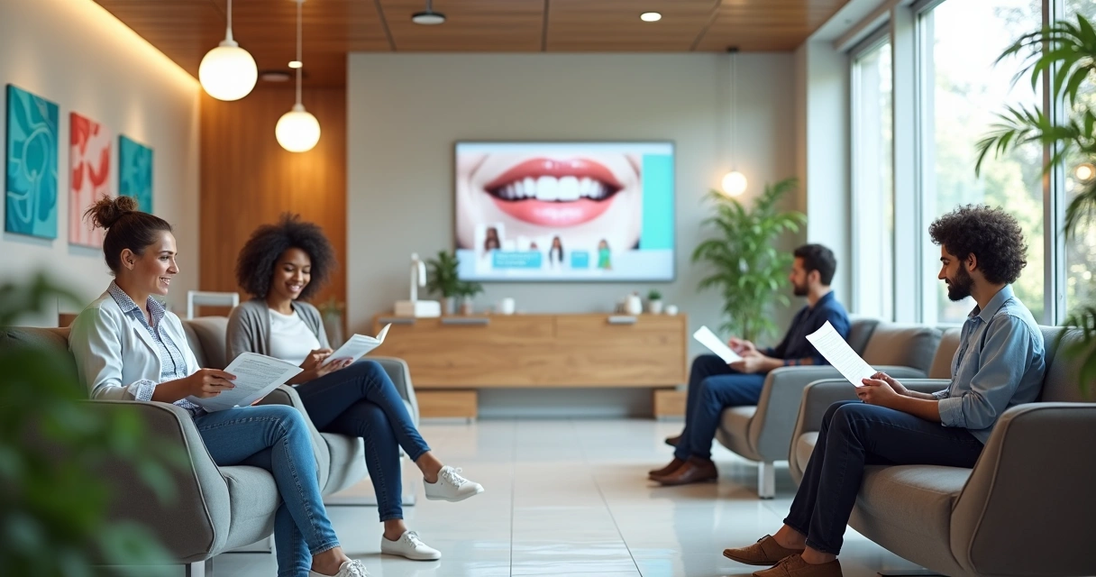 Sala de espera moderna de consultório odontológico com pacientes lendo folhetos