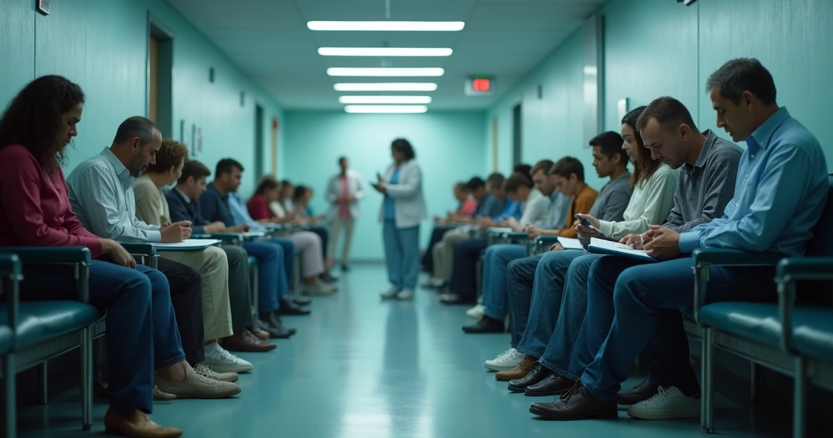 Pessoas aguardando com esperança em sala de emergência de hospital 