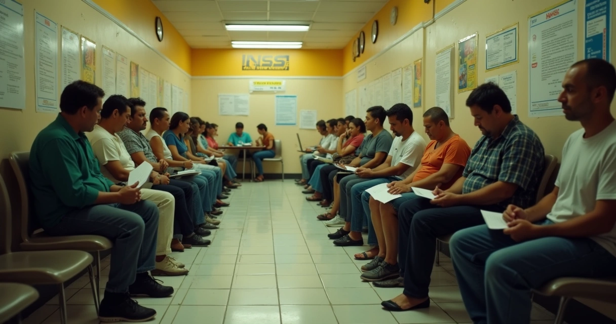 Sala de espera do INSS com segurados em silêncio, ambiente de tensão e expectativa