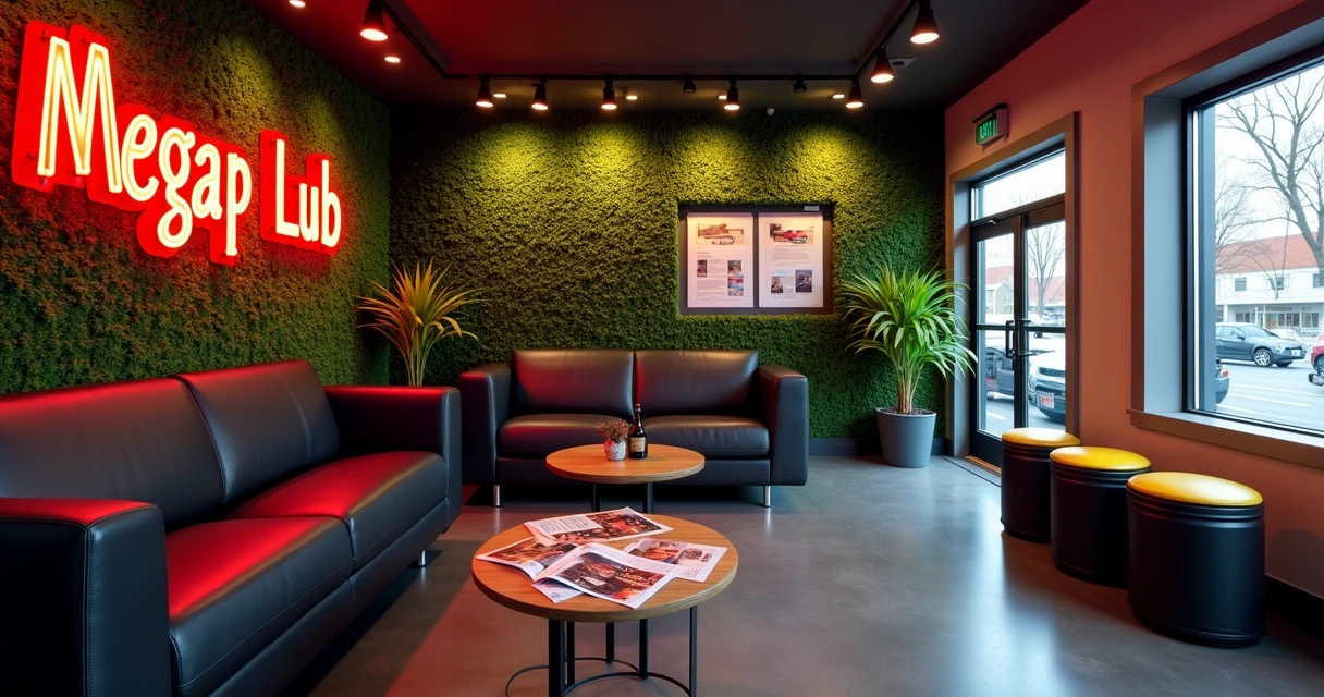 Sala de espera moderna com sofá preto, plantas artificiais e letreiro Megap Lub