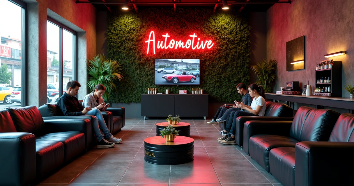 Sala de espera equipada e moderna em oficina automotiva