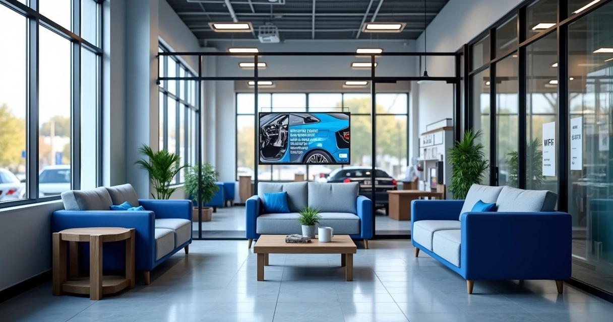 Sala de espera confortável com Wi-Fi em oficina automotiva
