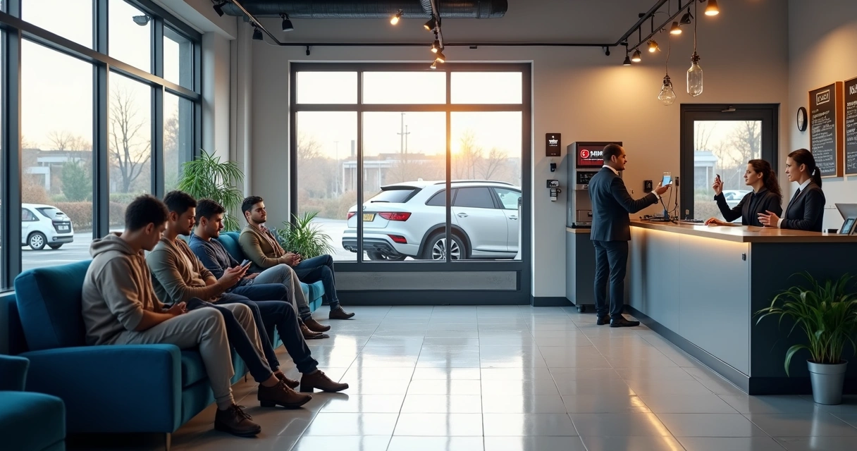 Sala de espera de oficina mecânica com motoristas aguardando 
