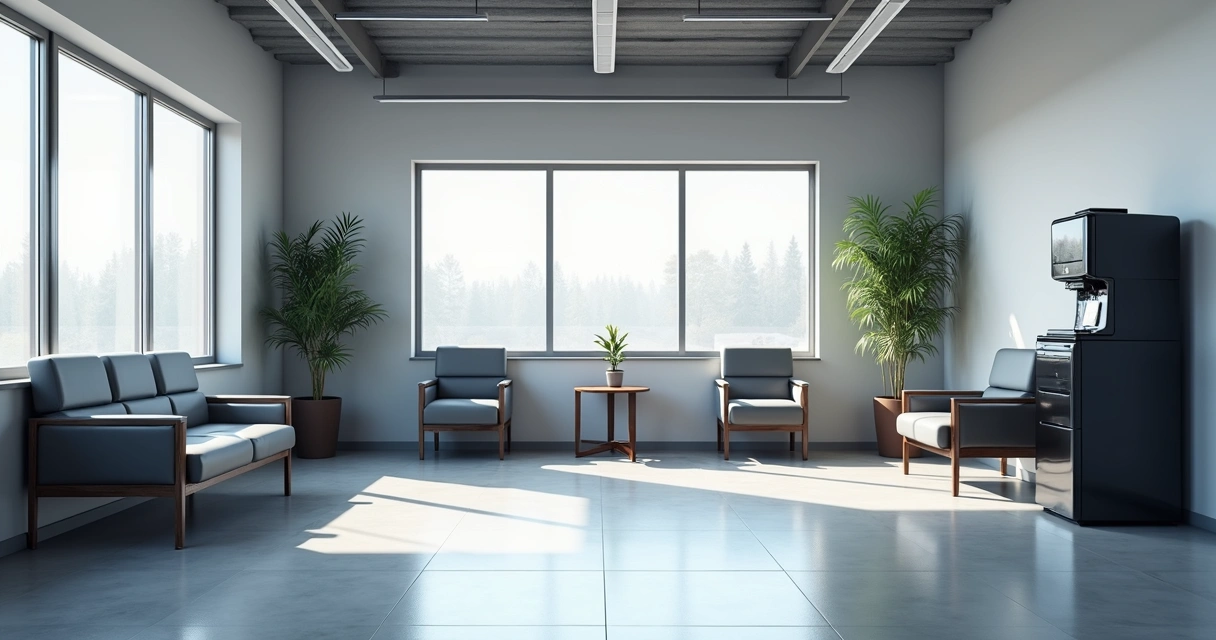 Sala de espera moderna e climatizada em oficina automotiva, poltronas e Wi-Fi disponível 