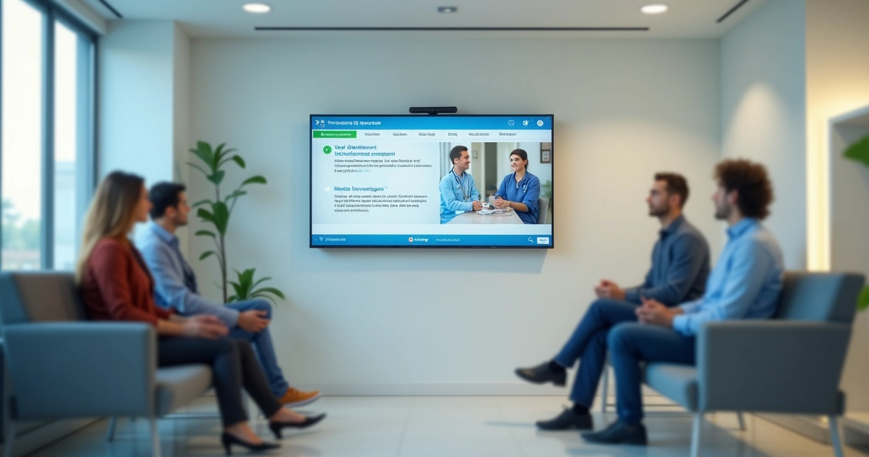 Sala de espera com tela exibindo conteúdo útil e anúncio local 