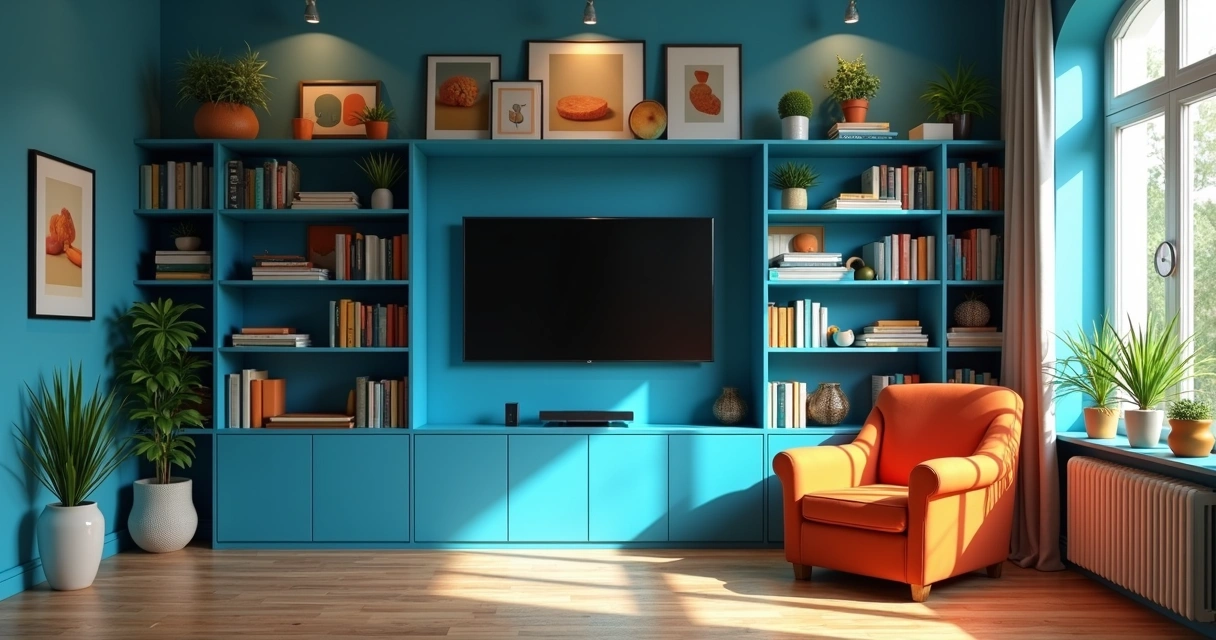 Sala com estante colorida, plantas e livros organizados 