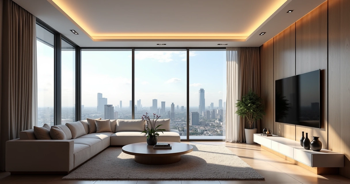 Sala de estar moderna em apartamento com decoração sofisticada 