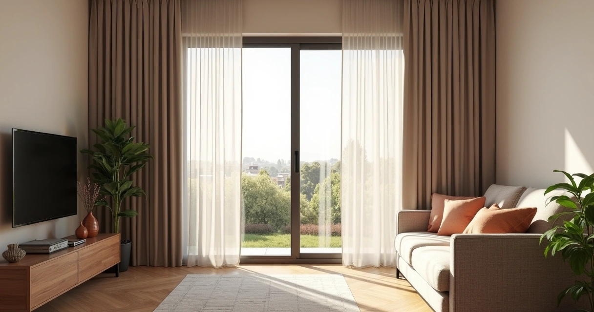 Sala de estar moderna com cortinas sob medida instaladas, luz natural suave entrando pela janela 