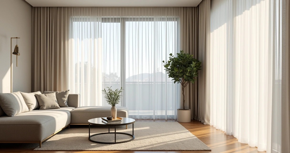 Sala de estar com cortina voil branca