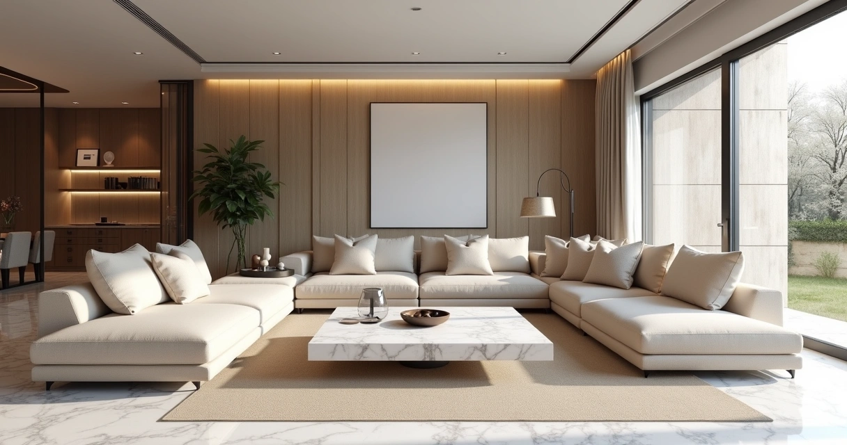 Sala de estar com detalhes em mármore Carrara 