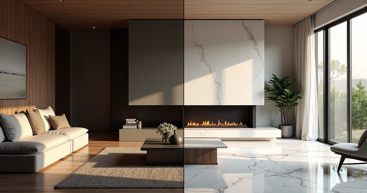 Sala antiga reformada com piso de mármore claro e lareira de quartzo 