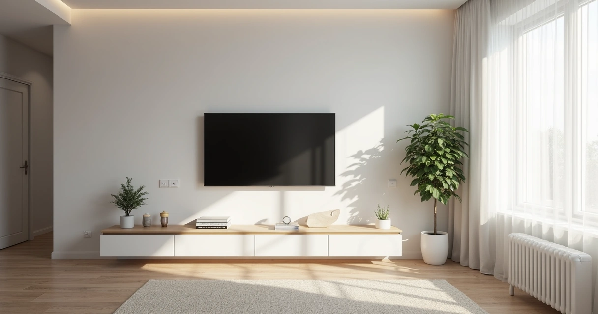 Sala de estar minimalista com parede branca, TV instalada e móvel baixo com decoração discreta 