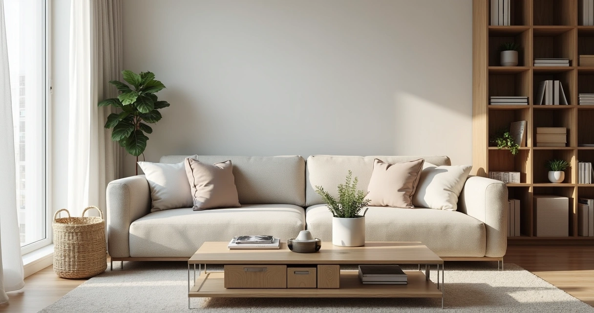 Sala de estar organizada com estante, cesto de objetos e sofá com almofadas 