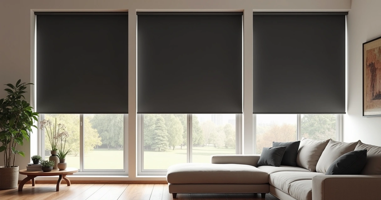 Persianas blackout instaladas em sala de estar moderna com iluminação controlada 