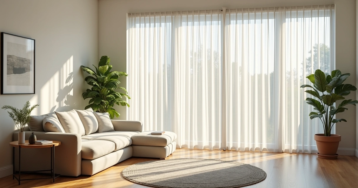 Sala de estar moderna com persianas verticais brancas instaladas em grandes janelas com iluminação natural suave 