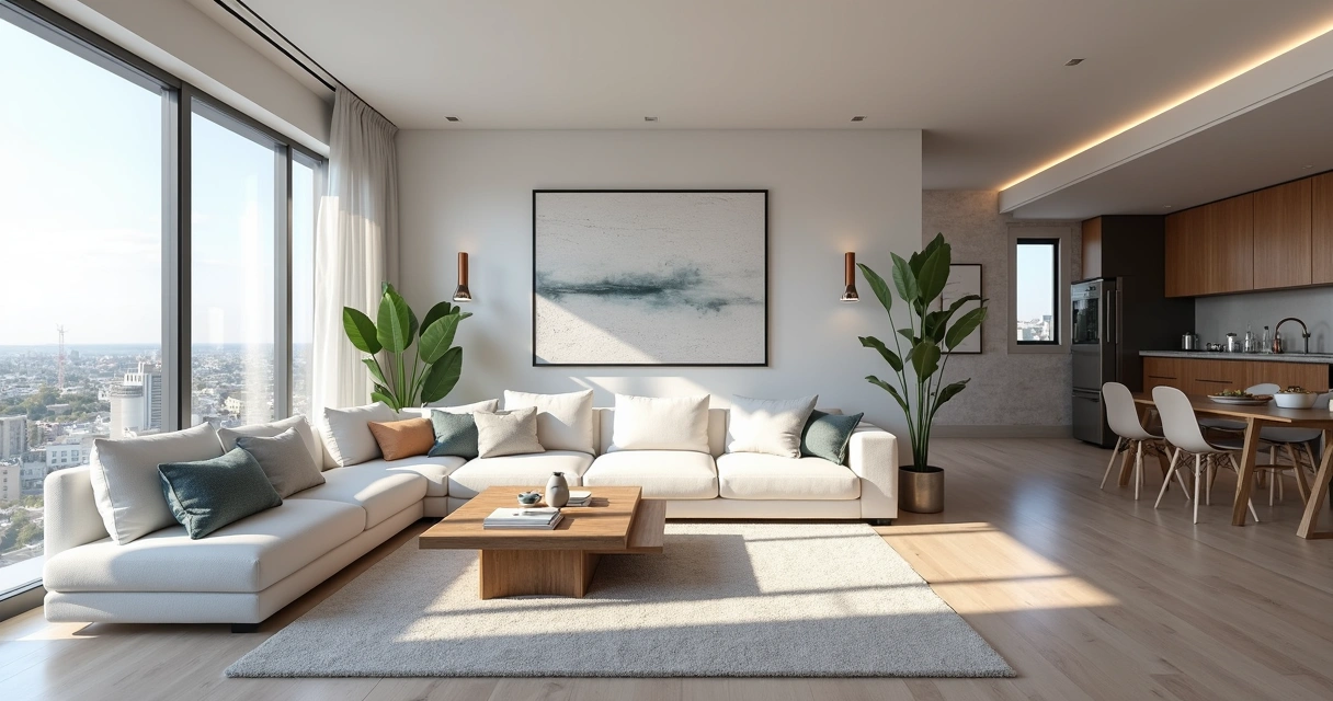 Sala de estar moderna vista em visita virtual imobiliária, com móveis claros e ambiente iluminado 