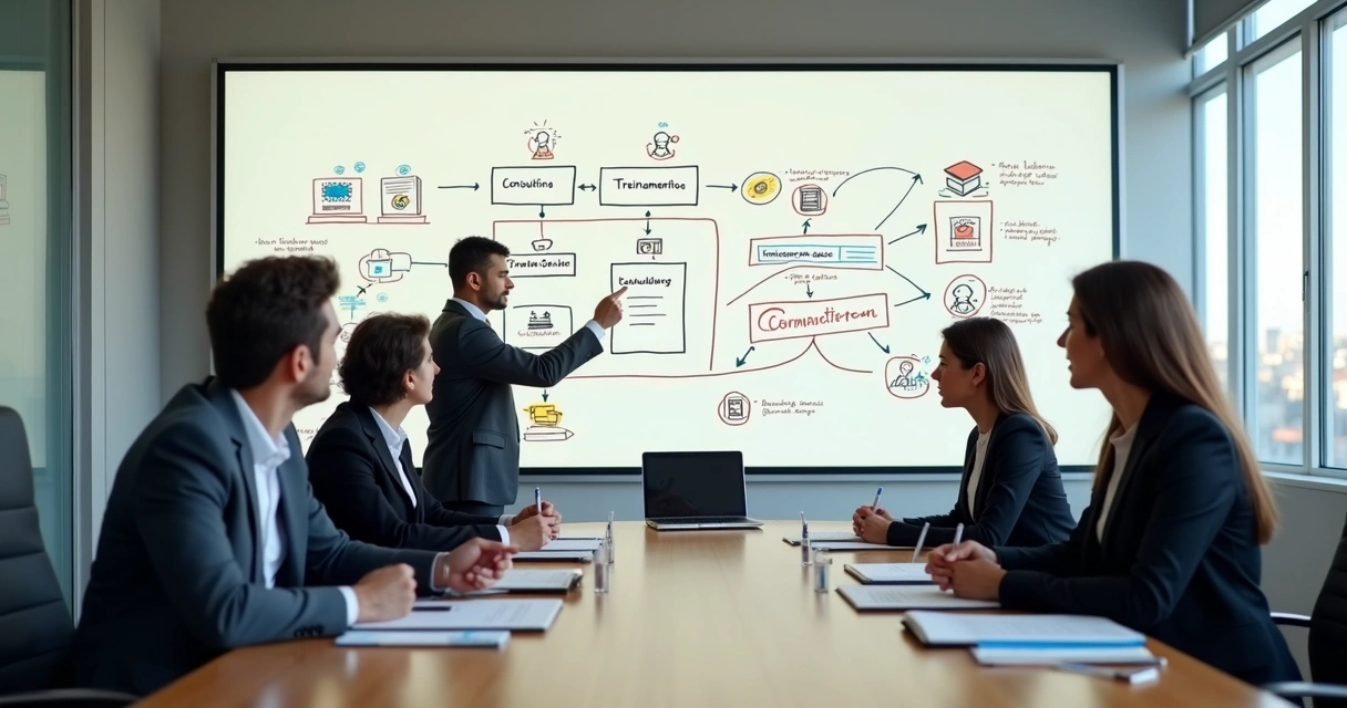 Reunião estratégica em sala de treinamento corporativo com esquemas de produtos e cursos no quadro branco 