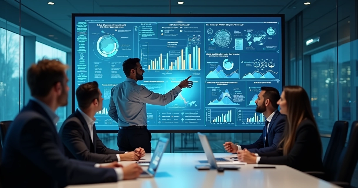 Executivos analisando dados de IA em sala de estratégia corporativa 