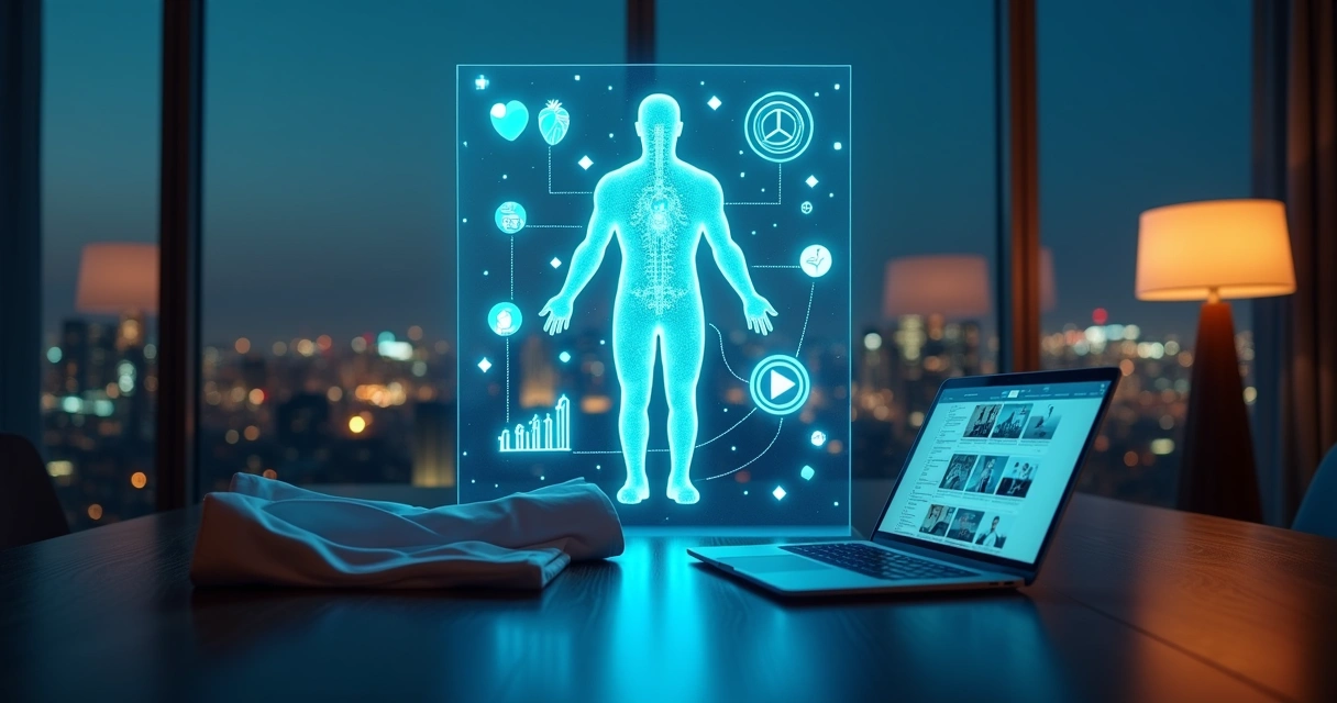 Painel luminoso com corpo humano digital rodeado por gráficos de marketing em sala executiva 