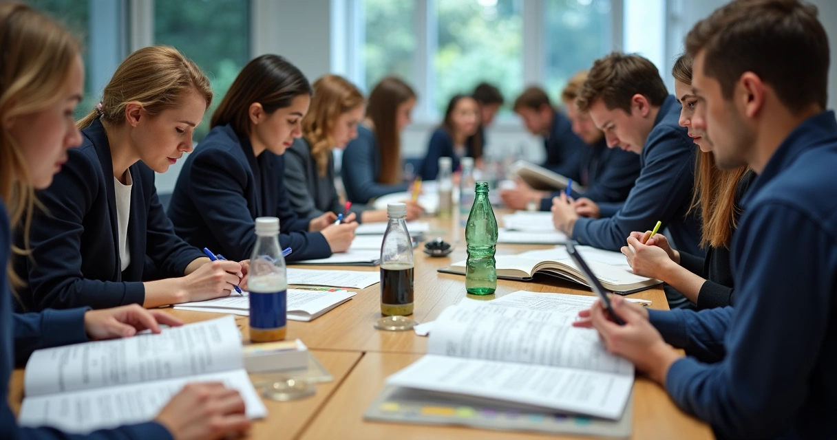 Grupo de estudantes organizando materiais para concursos policiais 