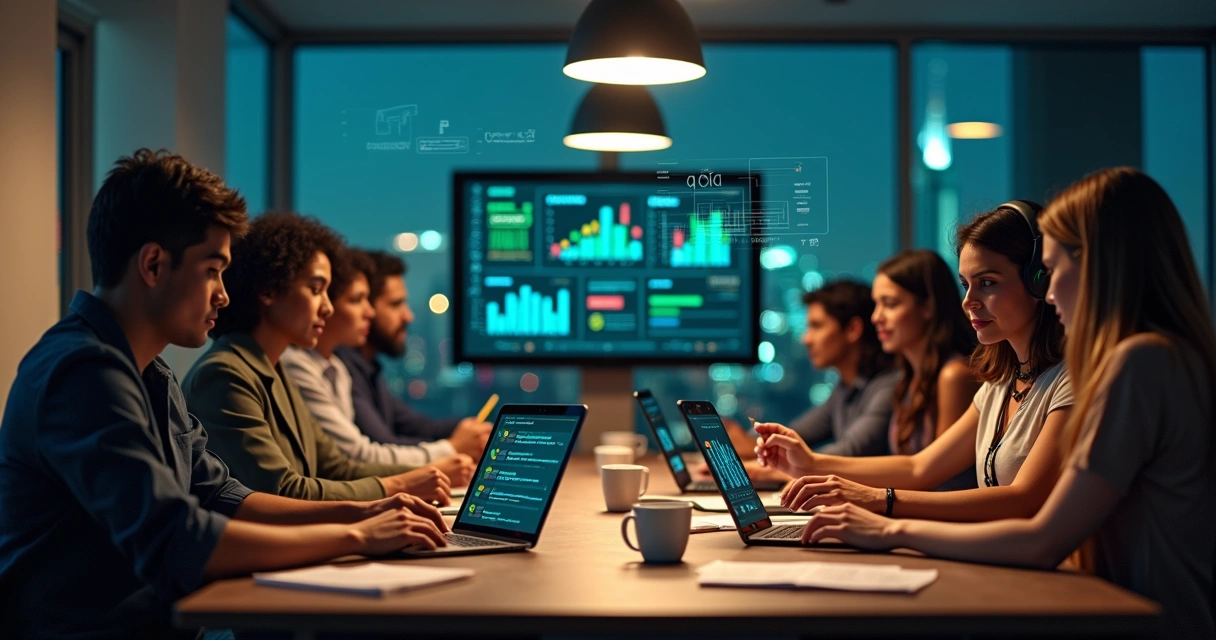 Grupo estudando para provas ANBIMA em sala moderna com recursos digitais 