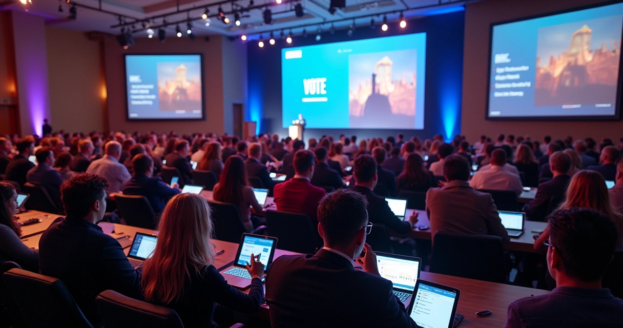 Pessoas participando de votação online em evento corporativo 