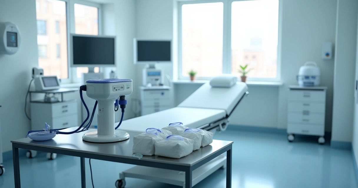 Sala de exame com equipamentos de endoscopia prontos para uso 