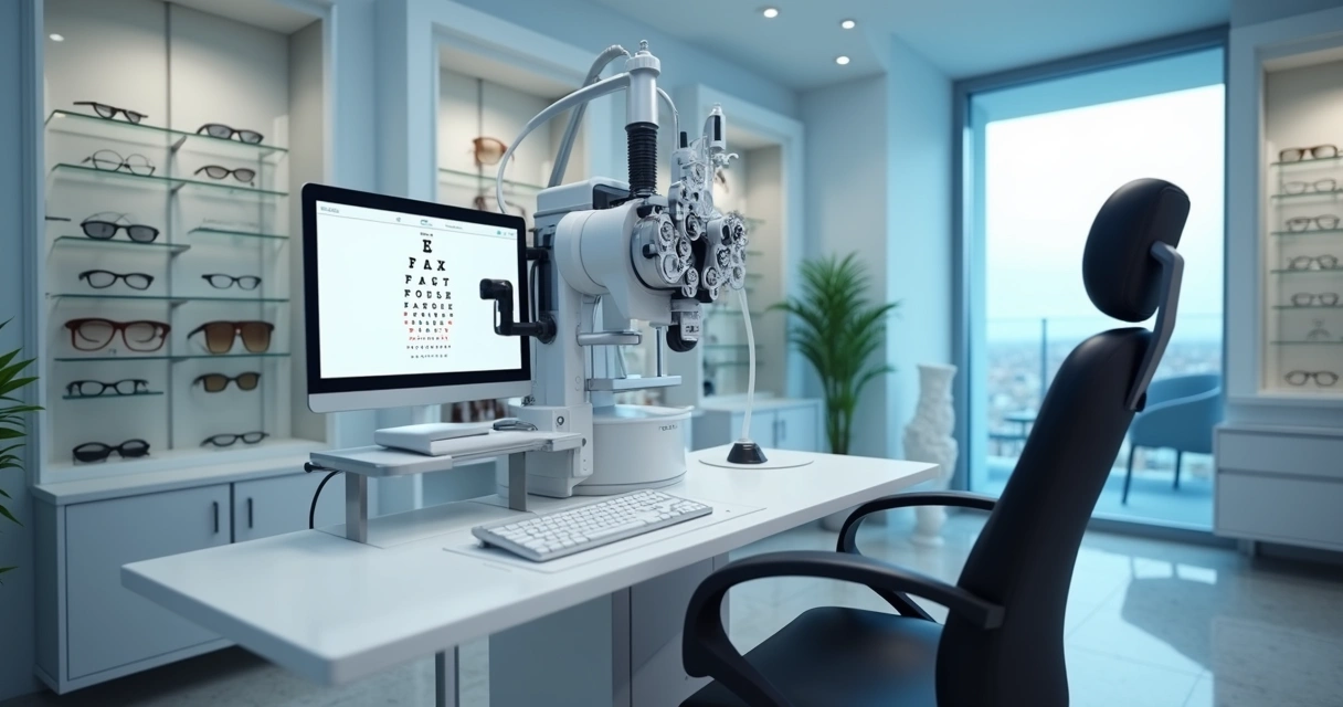 Sala moderna de exame de vista com equipamentos oftalmológicos em foco 