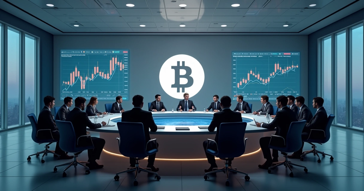 Sala executiva moderna com símbolo do Bitcoin na parede 