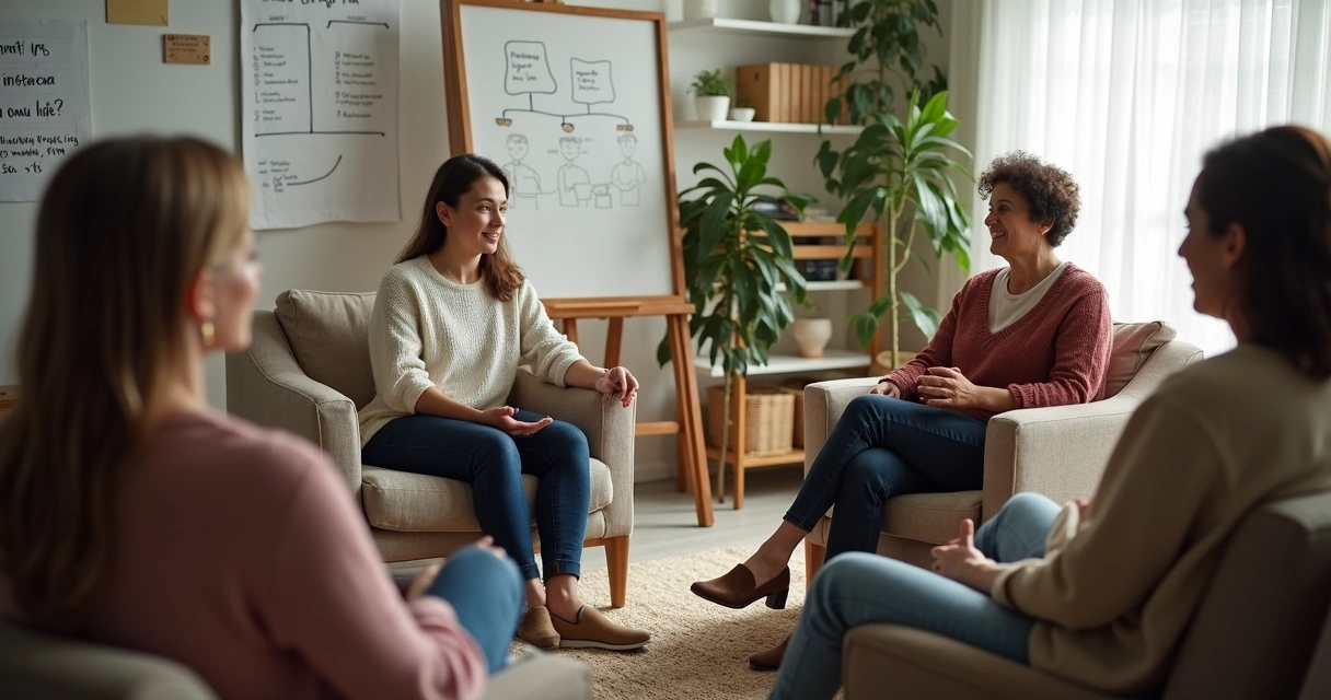 Grupo de pessoas sentados em círculo, conversando em ambiente acolhedor