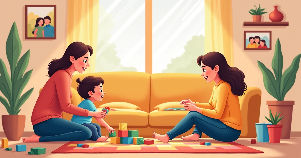 Ilustração de uma sala de estar acolhedora com uma criança brincando e pais interagindo positivamente.