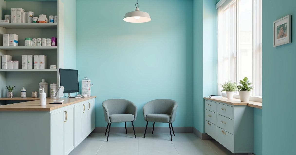 Sala de atendimento farmacêutico privativa com equipamentos 