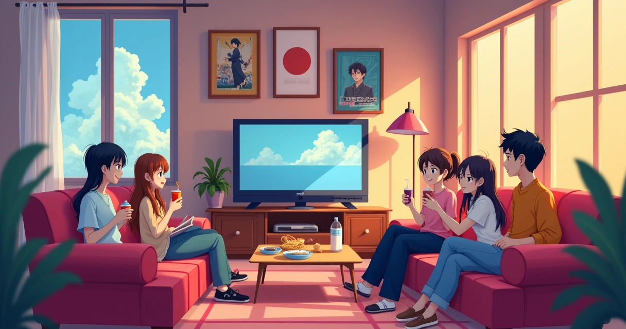 Fãs reunidos assistindo filmes de animação japonesa no telão 