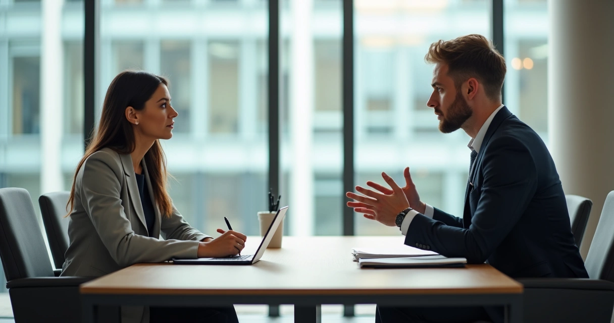 Gestor e colaborador sentados frente a frente em uma sala de reunião, com bloco de anotações entre eles e expressão de atenção mútua. 