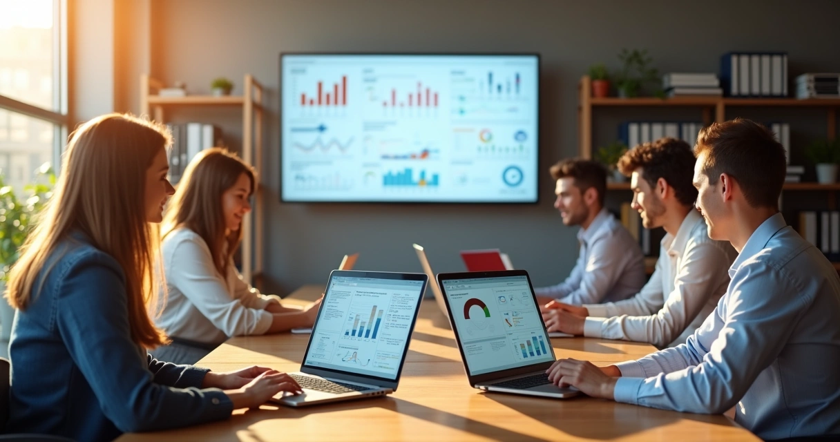 Equipe de finanças em pequena empresa analisando relatórios em sistema ERP 