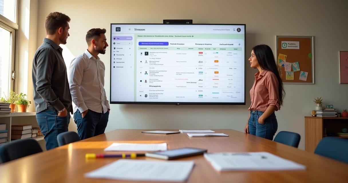 Equipe financeira de escola pequena usando sistema de cobrança automática em tela grande 